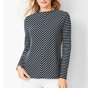 TALBOTS Plus Size Mockneck Cotton Top Navy Chevron Long Sleeve Nautical Work 2X